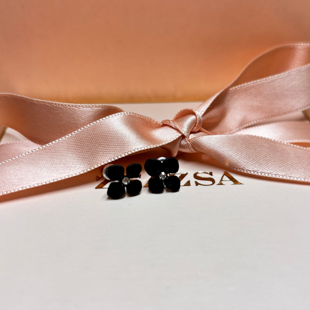 Dainty black rhinestone flower earrings