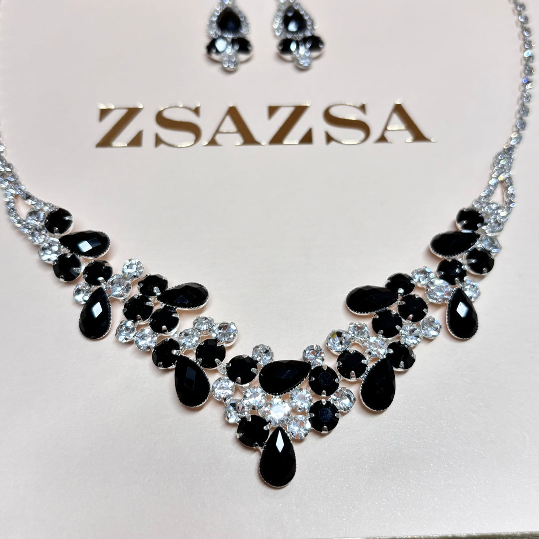 Teardrop black rhinestone silver set