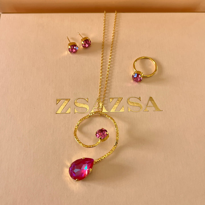 Handmade teardrop Pink and fuchsia Swarovski crystals gold set