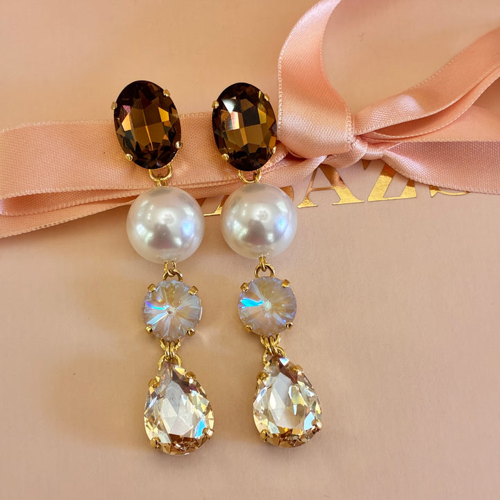 Mix of colour and pearl long Swarovski crystals earrings