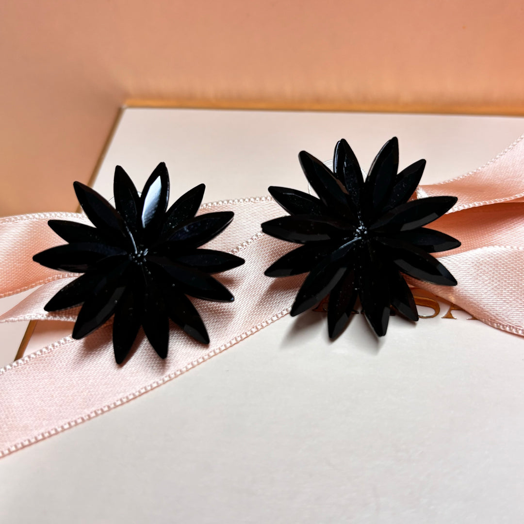 Big black rhinestone flower studs