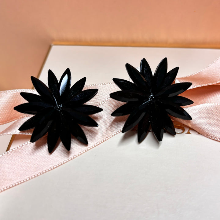 Big black rhinestone flower studs
