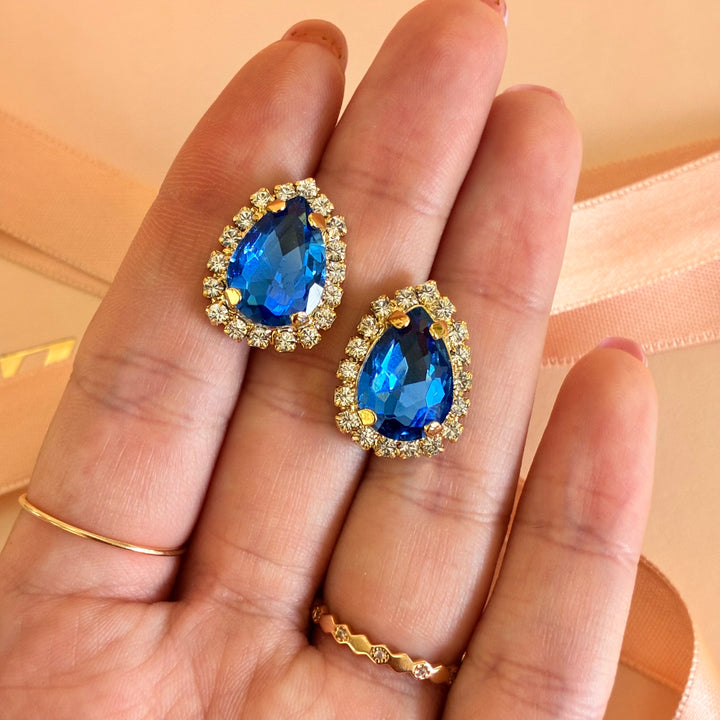 Royal blue teardrop Preciosa crystals gold plated set