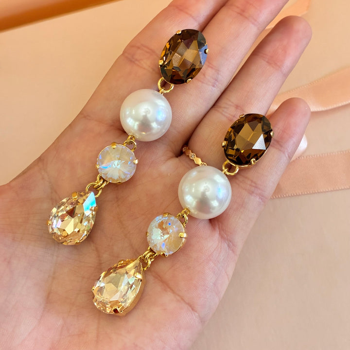 Mix of colour and pearl long Swarovski crystals earrings