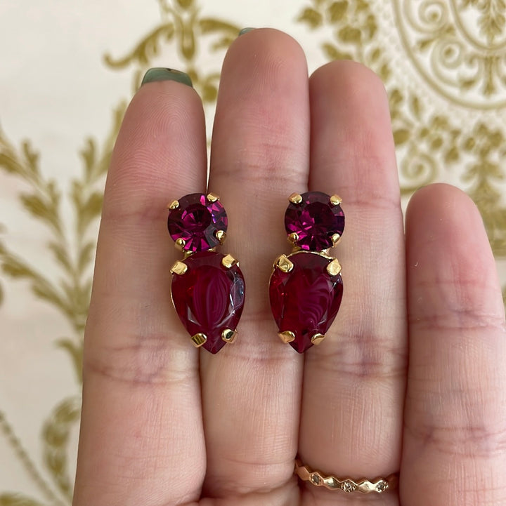 Magenta and red Preciosa Crystals studs earrings