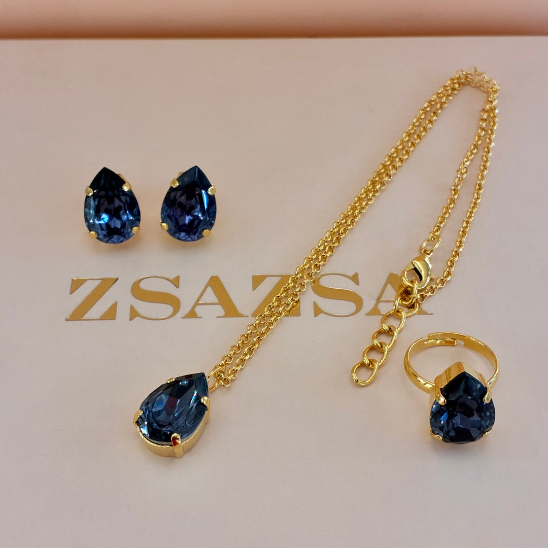 Teardrop Navy blue Preciosa crystals gold plated set