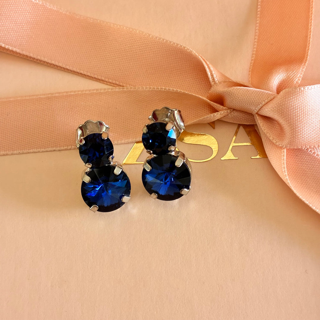 Double round navy blue silver earrings