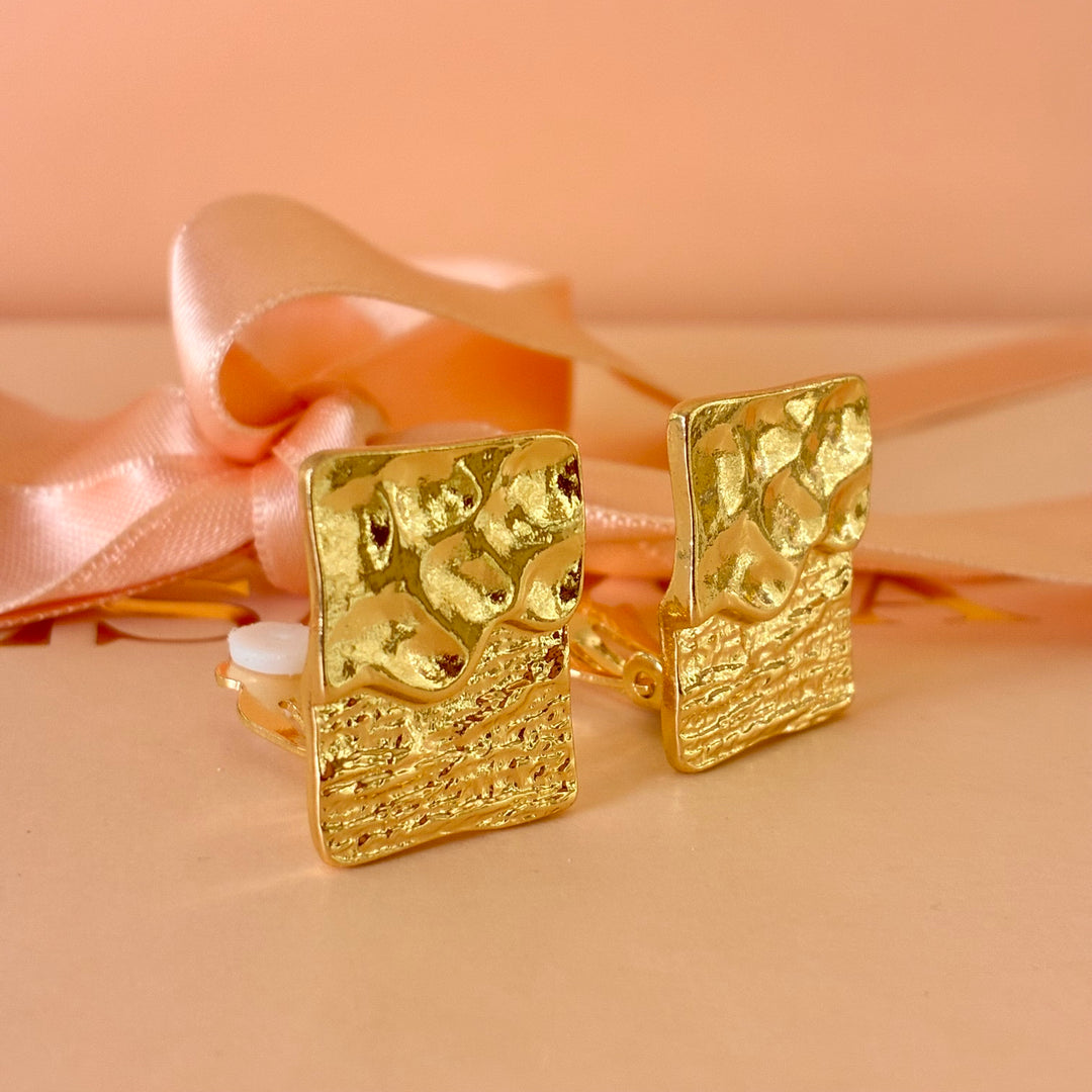 Rectangular textured clip on earrings