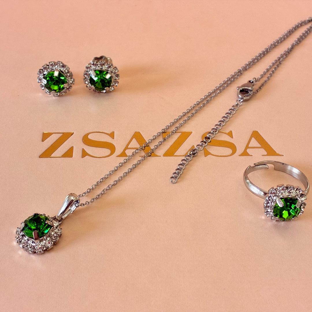 Dainty green Preciosa crystals silver set
