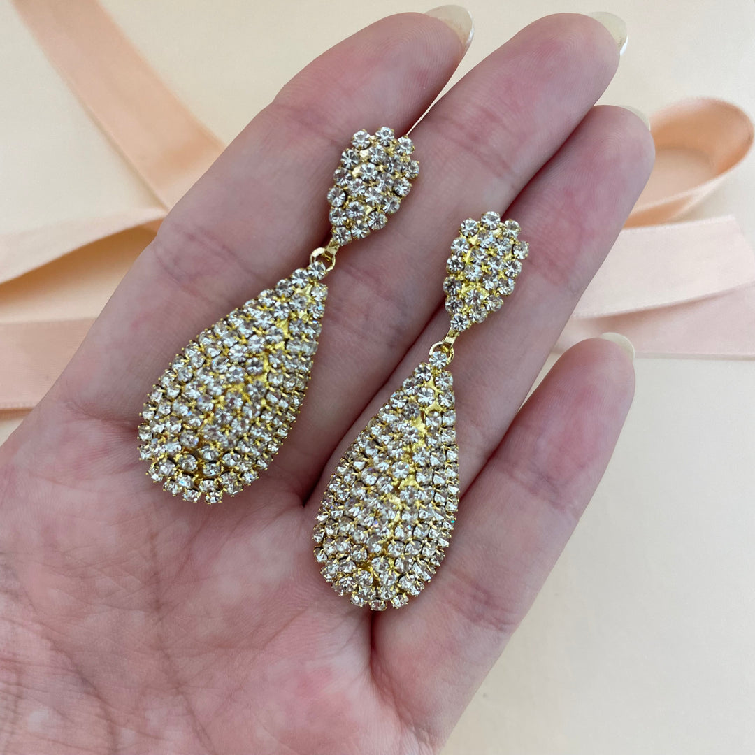 Teardrop rhinestone gold plated earrings