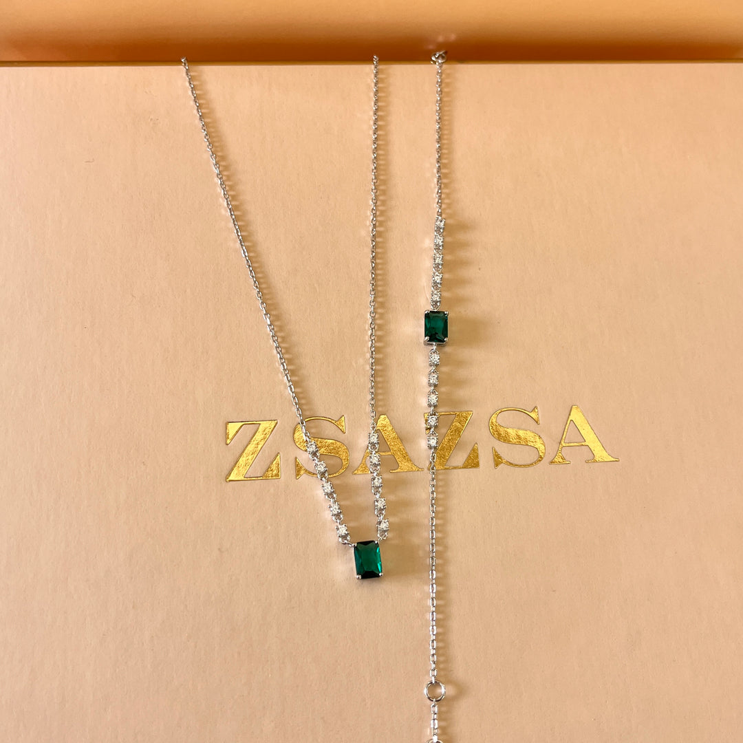 Dark green rectangular zircone pendant and bracelet