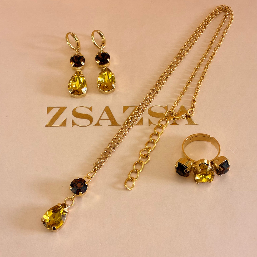 Brown and yellow Preciosa crystals set