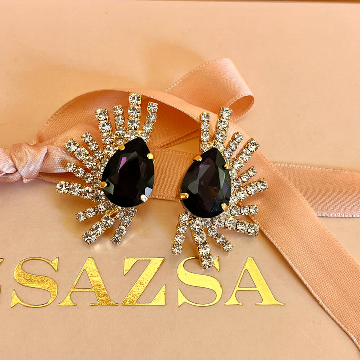 Purple rectangular preciosa crystals studs and ring