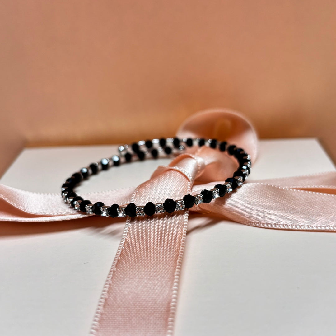 Black rhinestone silver bangle