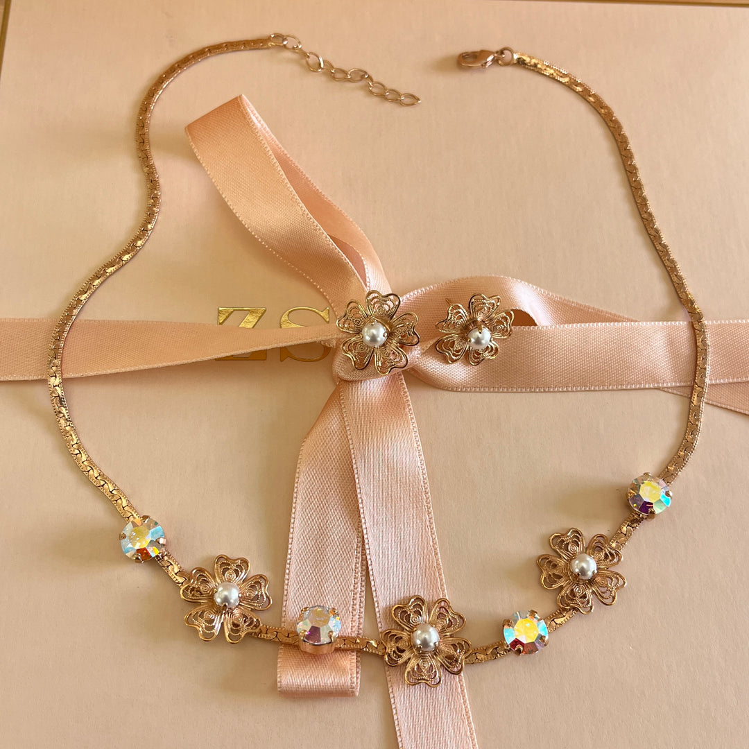 Aurora borealis Swarovski crystals and pearls handmade set