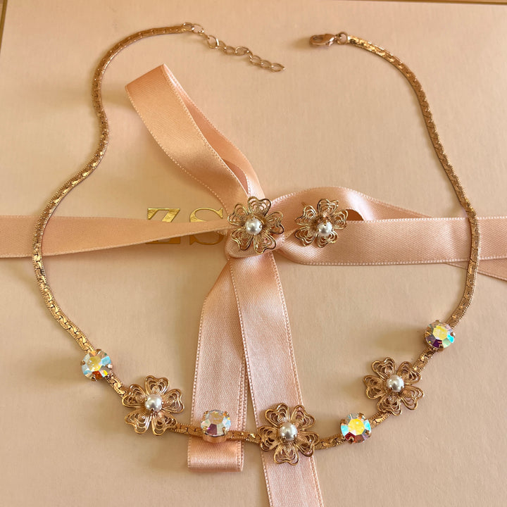 Aurora borealis Swarovski crystals and pearls handmade set