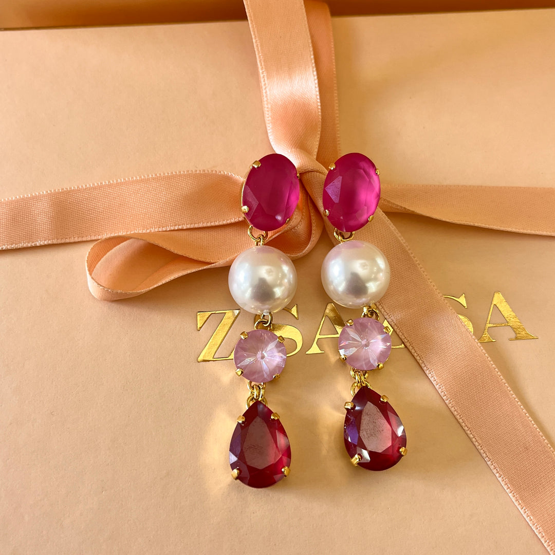 Pink and red Swarovski crystals with pearls earrings and ring