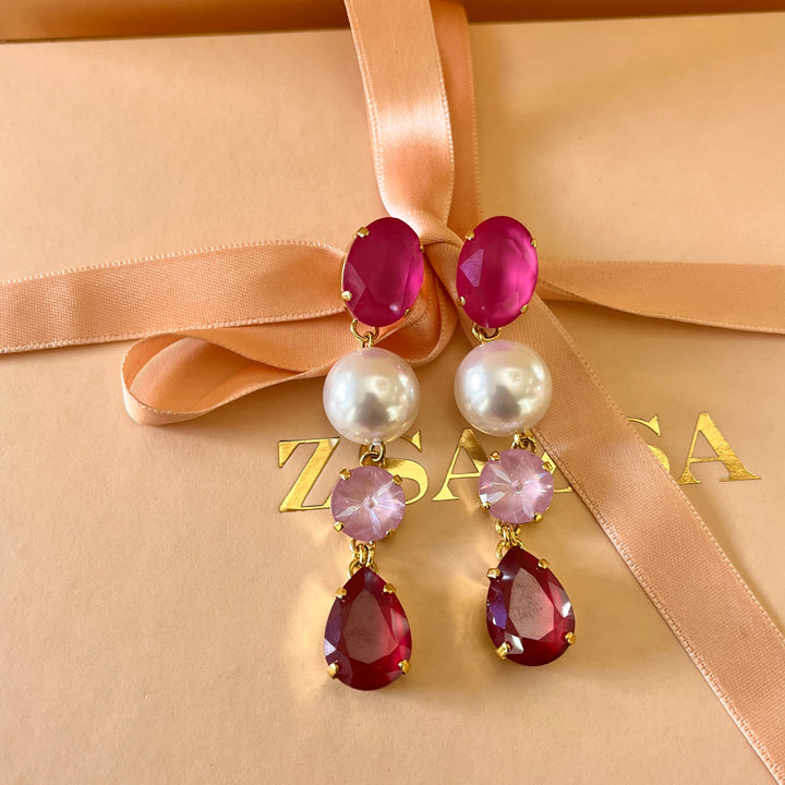 Pink and red Swarovski crystals with pearls earrings and ring