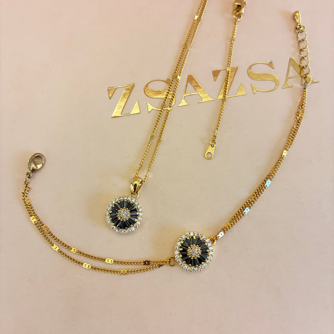 Black dainty gold plated pendant and bracelet