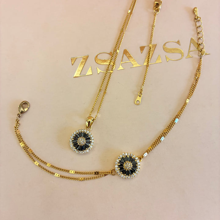 Black dainty gold plated pendant and bracelet