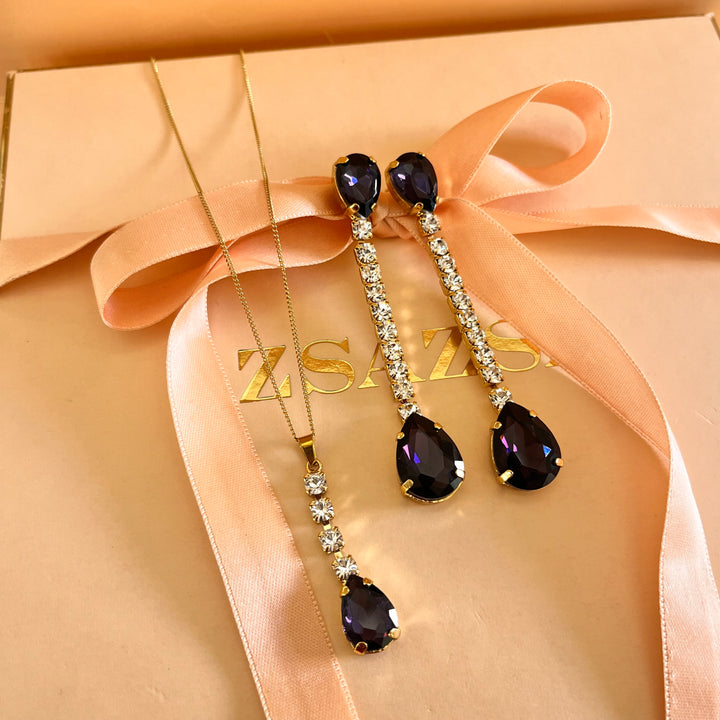 Dark purple teardrop Preciosa crystals set