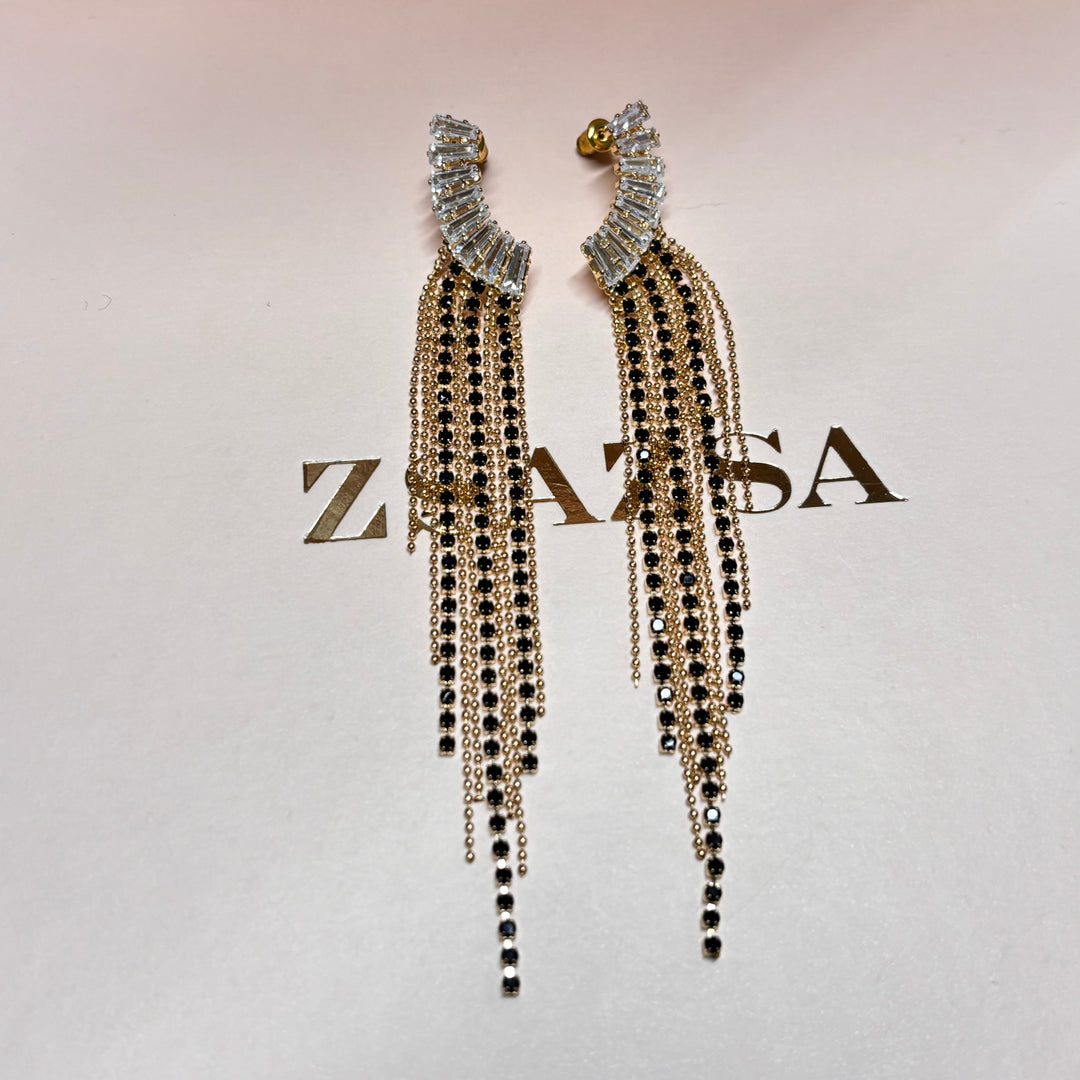 Black rhinestone gold fringe earrings