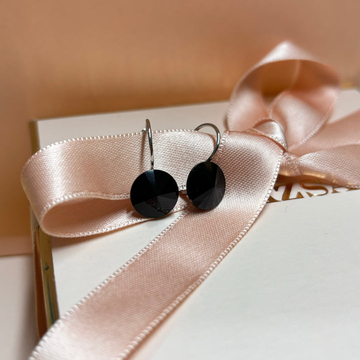 Black rhinestone silver hoops