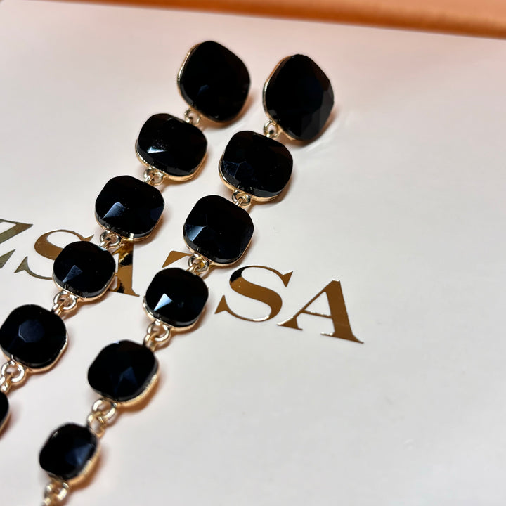 Long black rhinestone gold earrings
