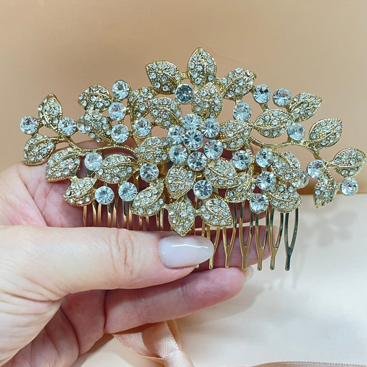 Bubble Stone Embellished Leaf Cluster Hair Comb in gold or silver