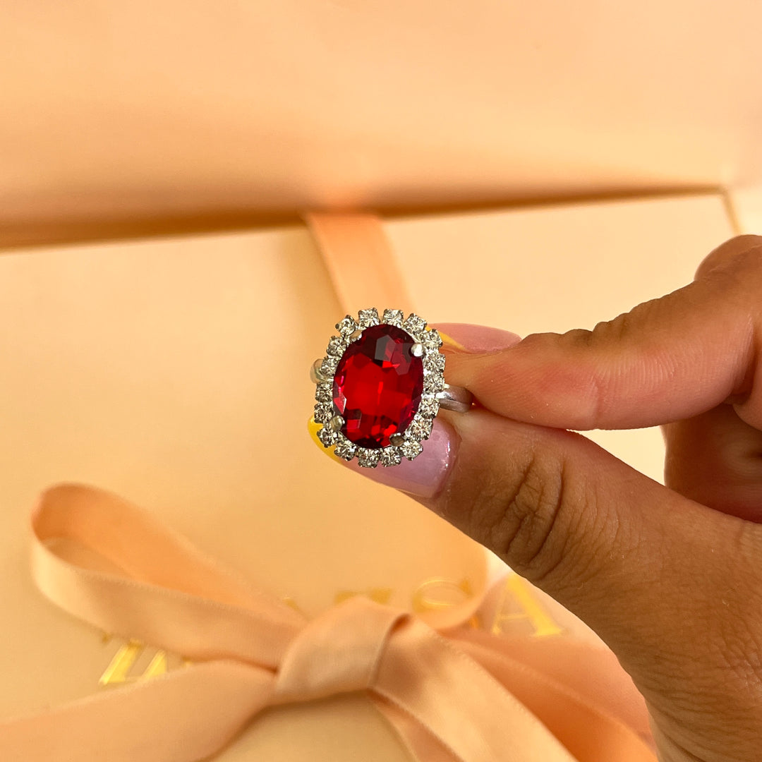 Red oval Preciosa crystals studs and ring