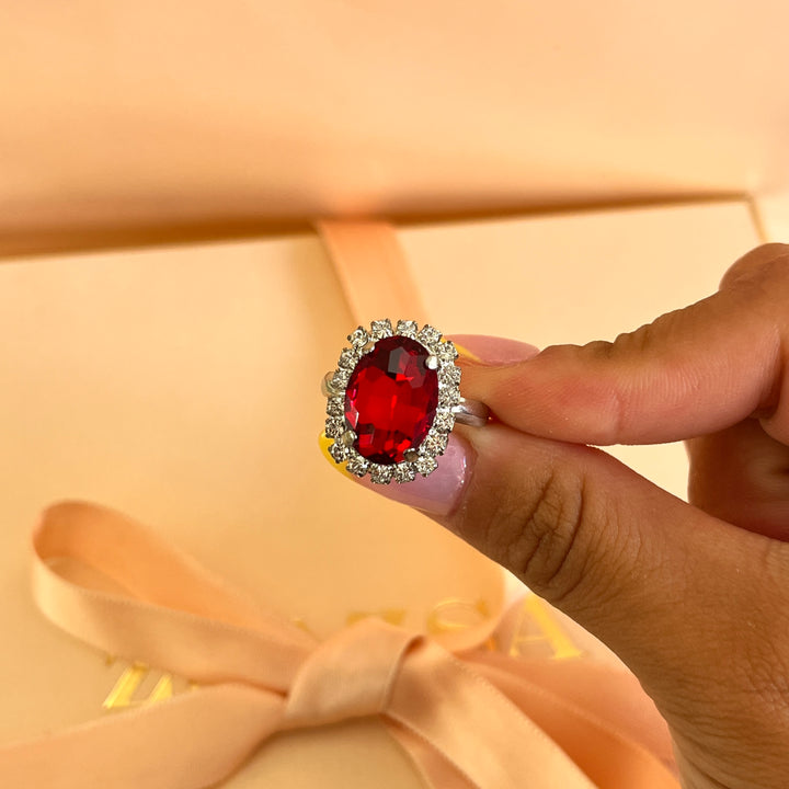 Red oval Preciosa crystals studs and ring