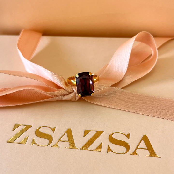 Purple rectangular preciosa crystals studs and ring