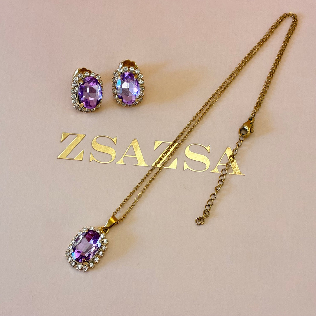 Lilac Preciosa crystals oval gold plated pendant set