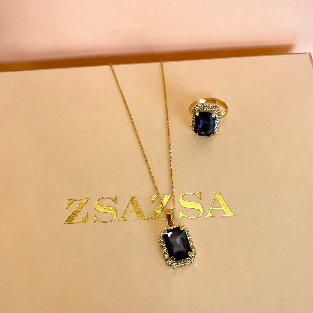 Purple rectangular Preciosa crystals pendant and ring