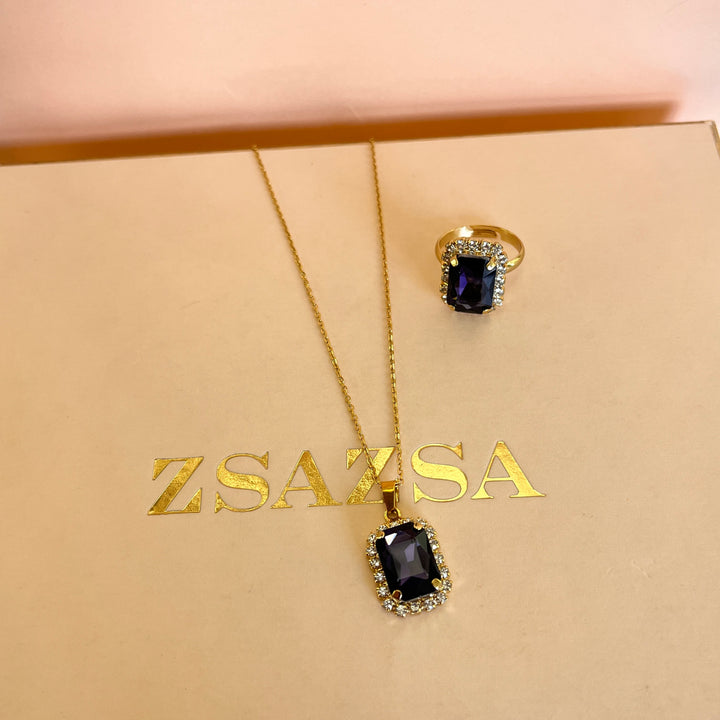 Purple rectangular Preciosa crystals pendant and ring