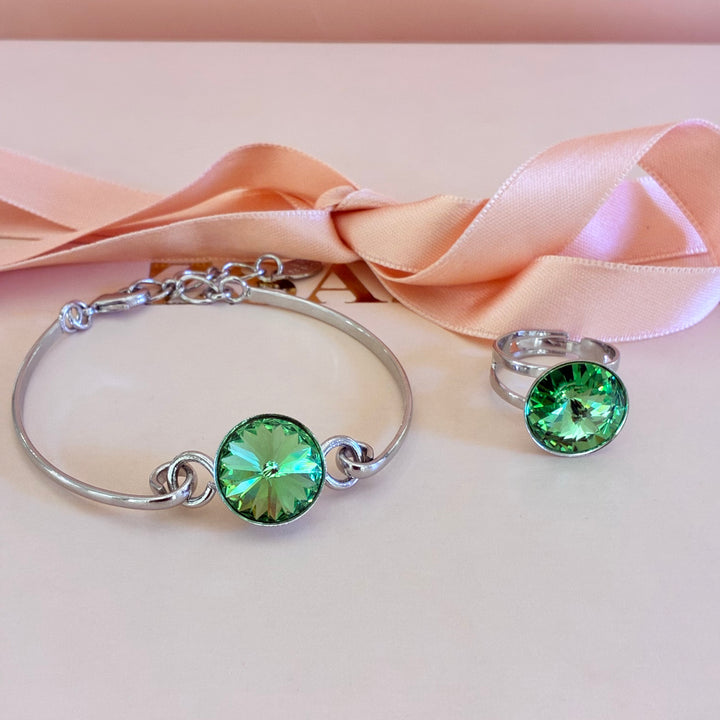 Green Swarovski crystals silver bracelet and ring