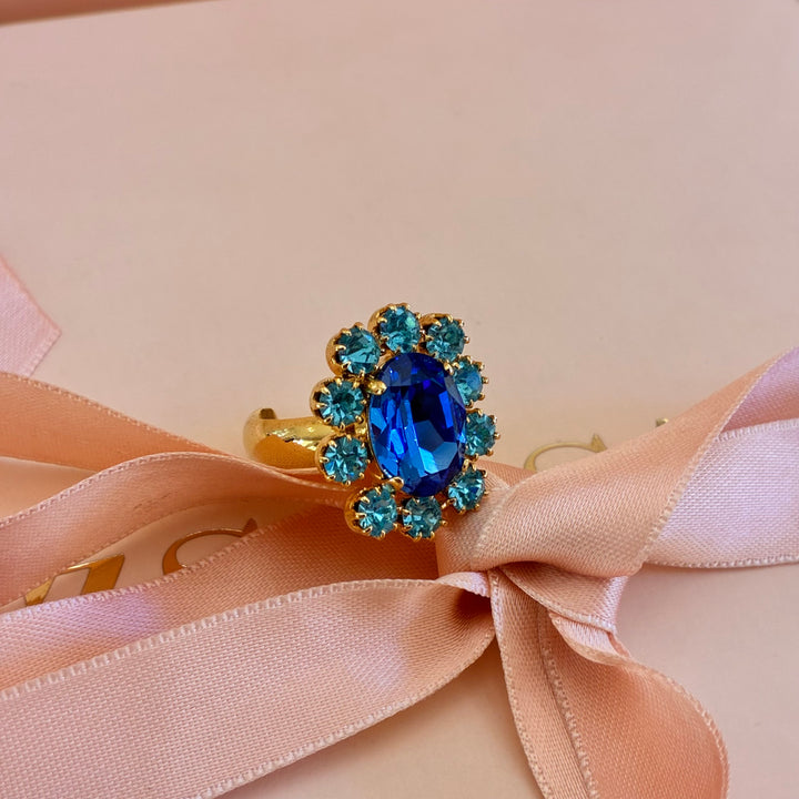 Flower royal blue and turquoise Swarovski crystals ring