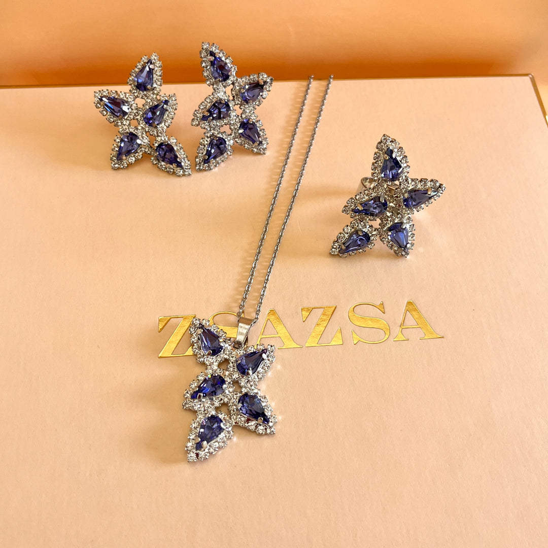 Purple teardrop preciosa crystals silver set