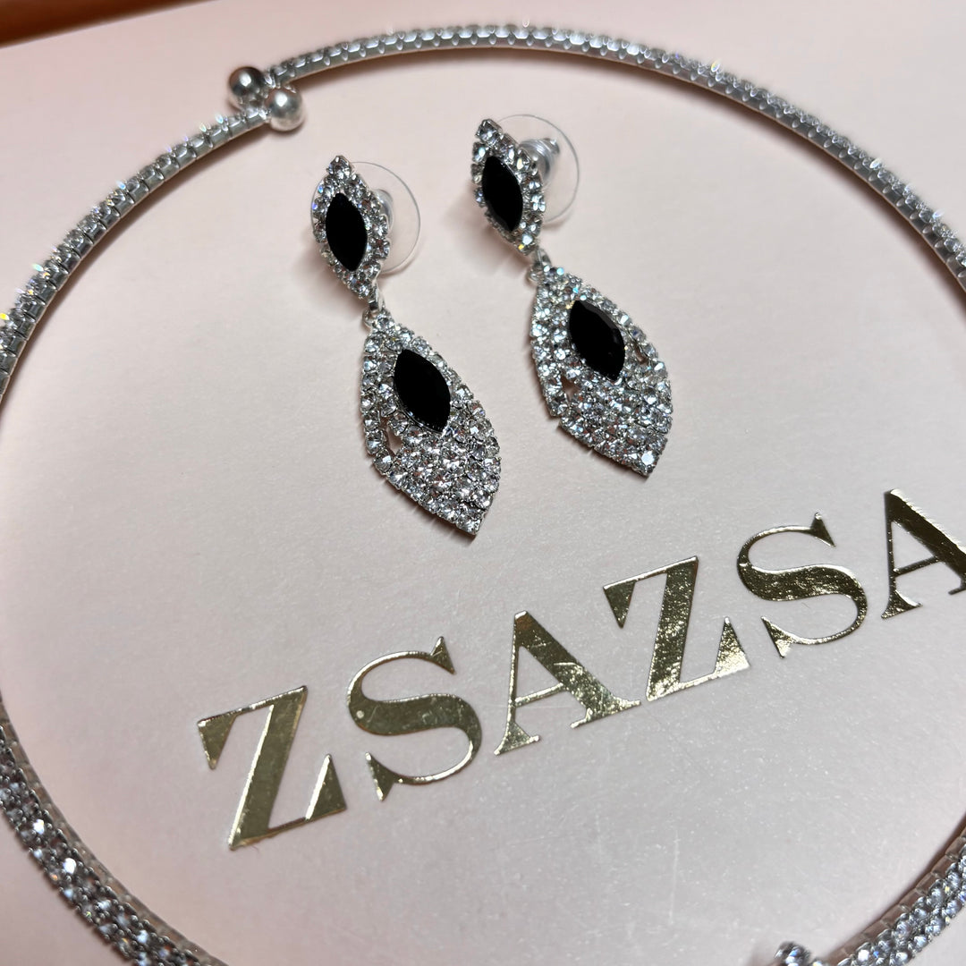 Marquise black rhinestone silver set