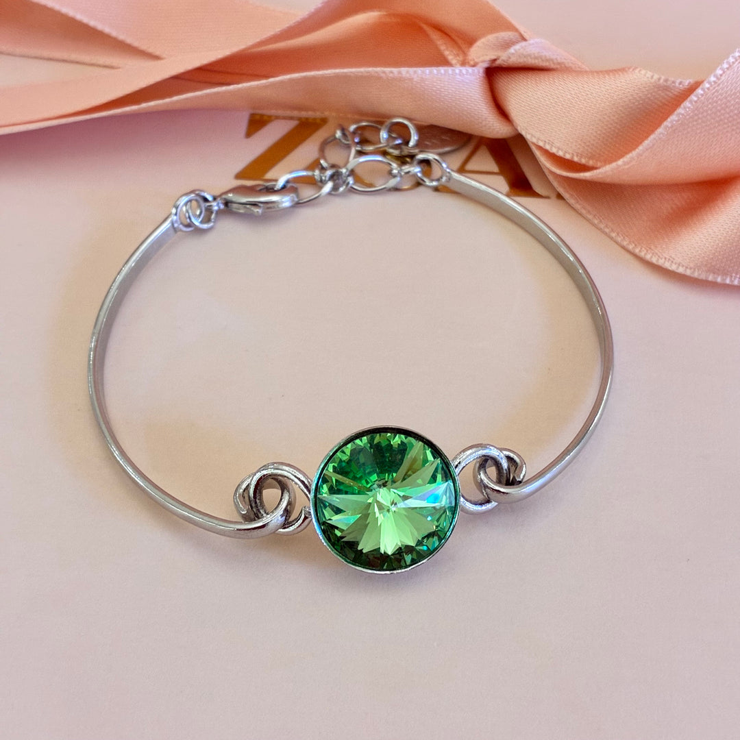 Green Swarovski crystals silver bracelet and ring