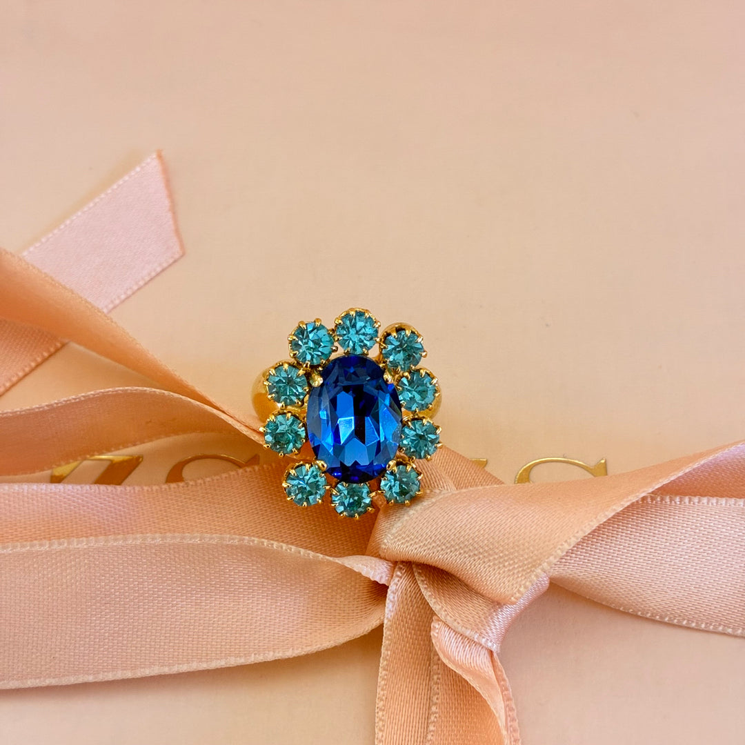 Flower royal blue and turquoise Swarovski crystals ring