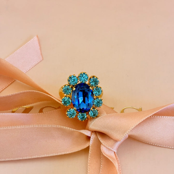 Flower royal blue and turquoise Swarovski crystals ring