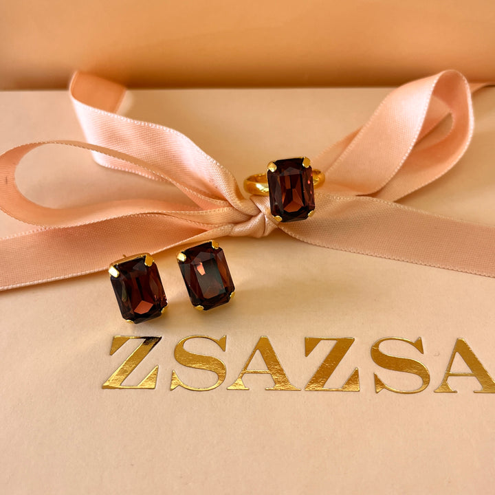 Purple rectangular preciosa crystals studs and ring