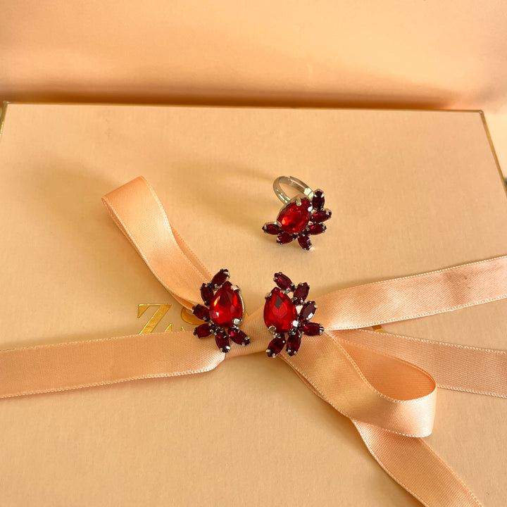 Red teardrop Preciosa crystals studs and ring