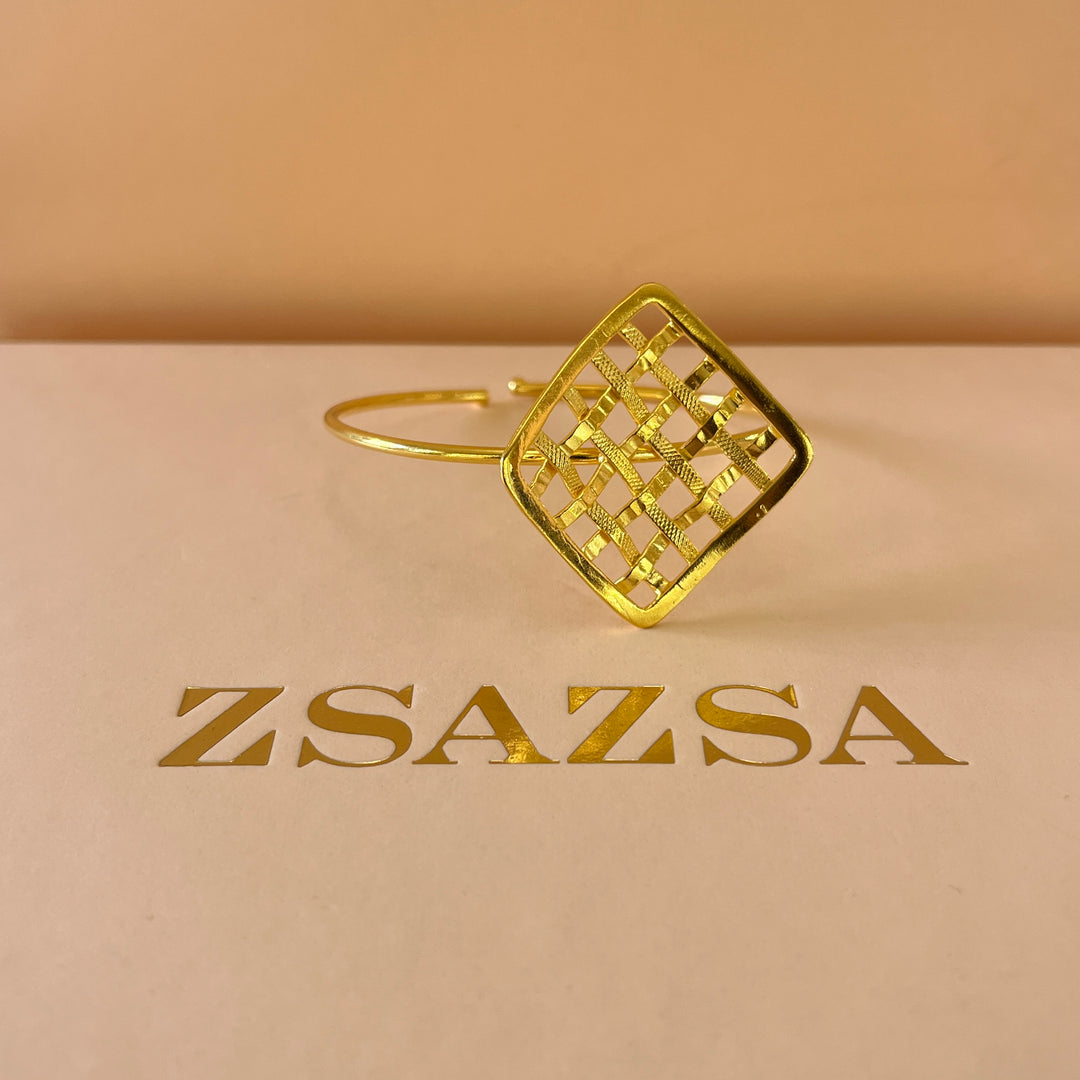 Square grid gold handmade bangle and ring