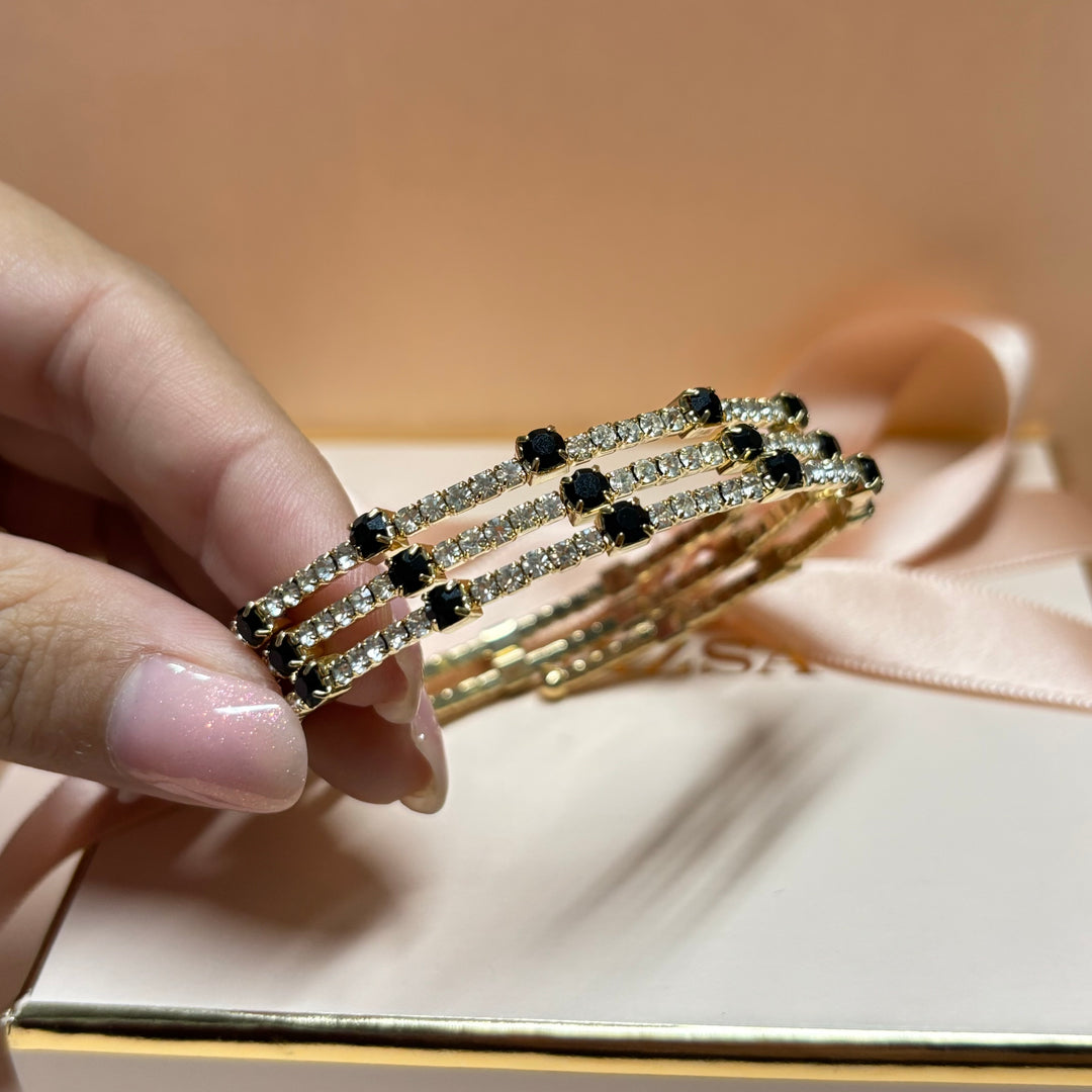 3 rows black rhinestone gold bangle