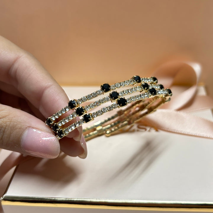 3 rows black rhinestone gold bangle