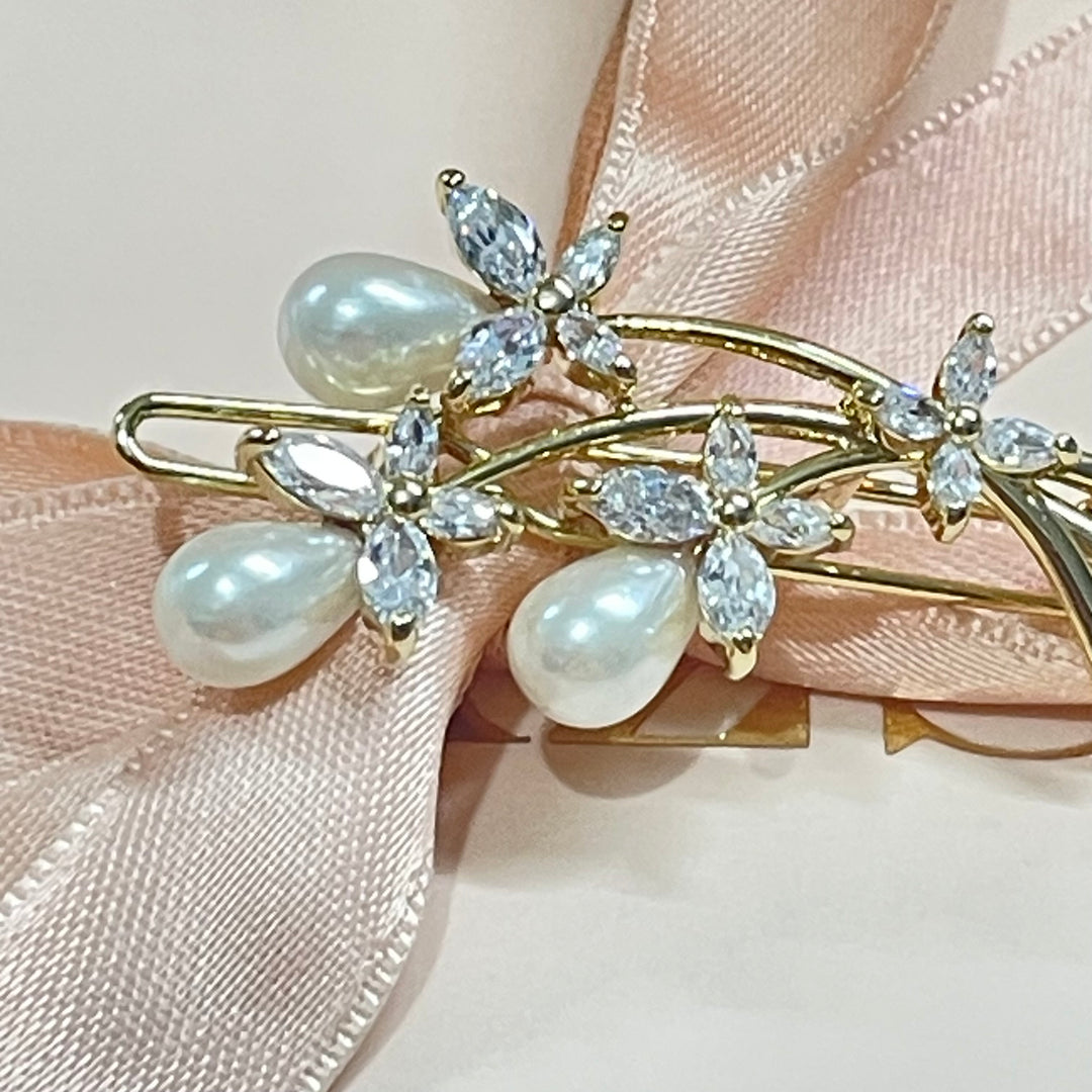 Gold Teardrop pearl cubic zircone hairclip