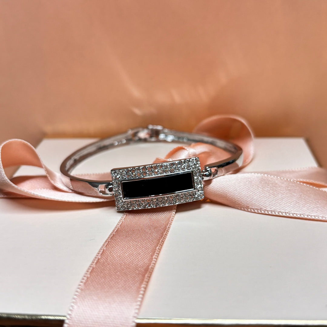 Rectangular black rhinestone silver set