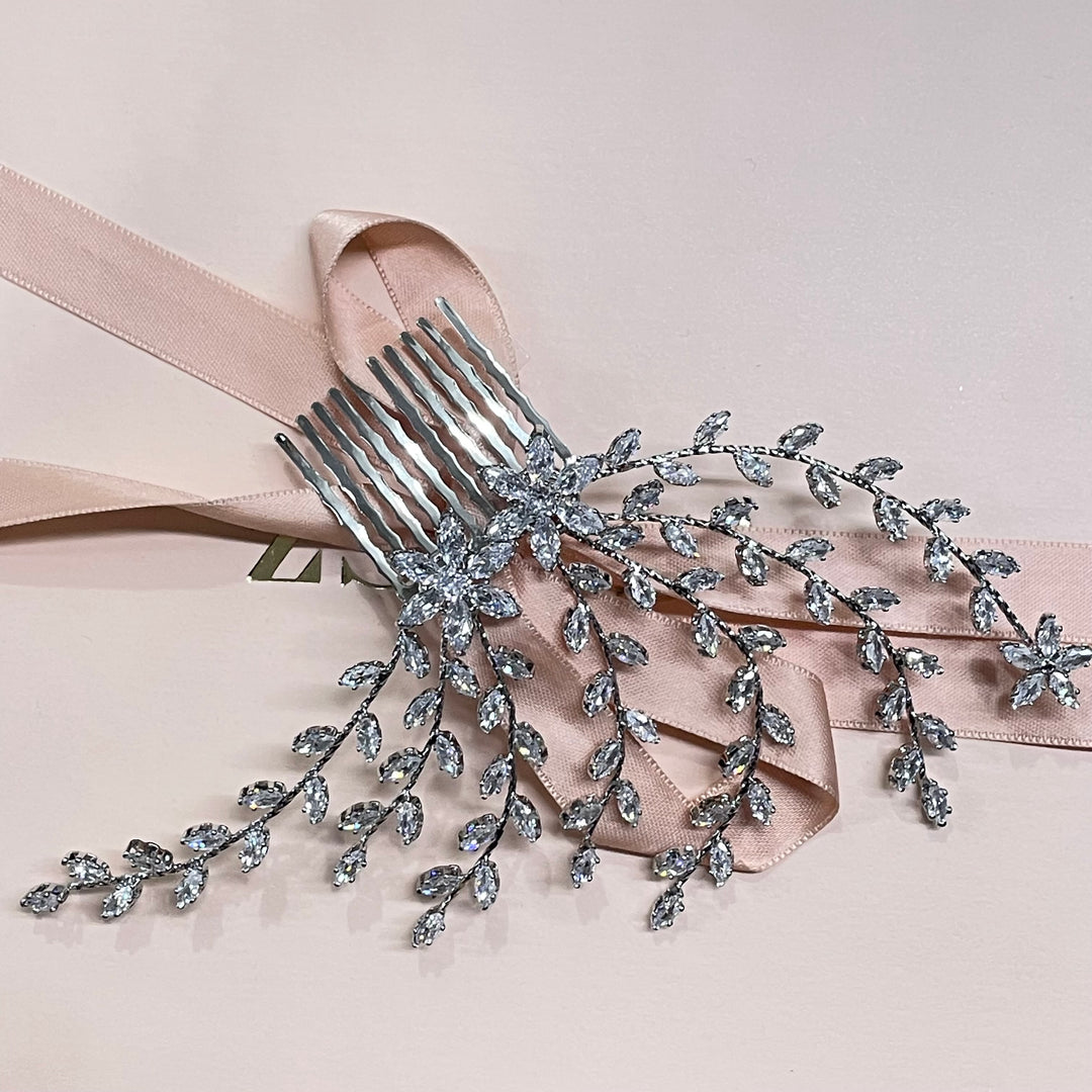 Silver Large flower detail cubic zircone hair comb